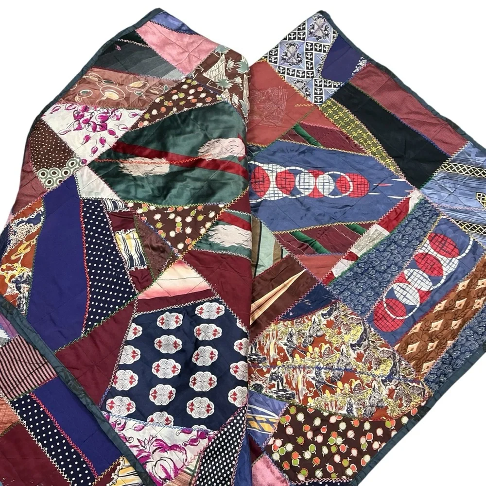 Vintage multicolored silky crazy quilt 51 x 84 beautifully crafted in the USA